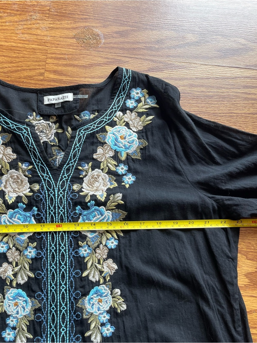 paparazzi Black Maxi Dress swim coverup with Blue and Cream Floral Embroidery - Picture 6 of 6